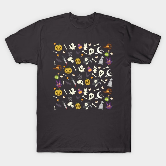 Group pattern of pumpkins, skeletons and ghosts on halloween T-Shirt by Dizartico